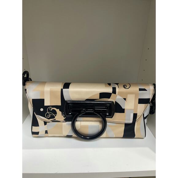 Salvatore Ferragamo Beige and Black Geometric Print Clutch - Picture 1 of 5